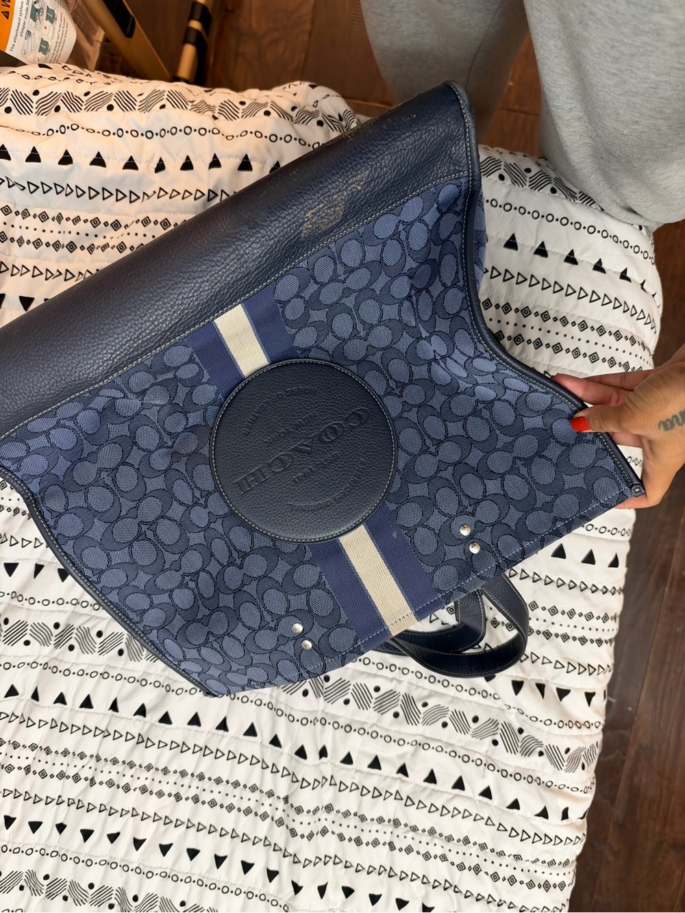Coach Navy Signature Messenger Bag with Contrast Stripe